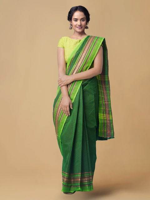 

Unnati Silks Green Pure Cotton Checked Handloom Chettinad Saree