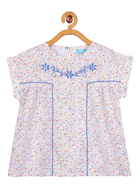 

Miyo Girls White & Blue Floral Printed Regular Top
