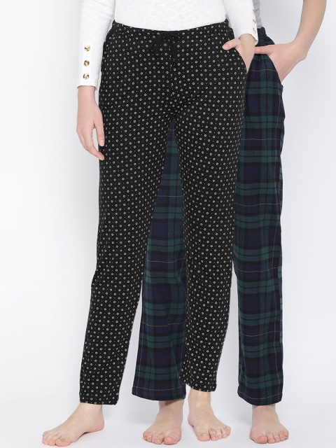

Kanvin Women Pack Of 2 Black & Navy Blue Printed Lounge Pants