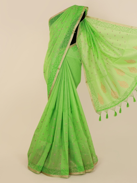 

Pothys Green Cotton Blend Checked Chanderi Saree