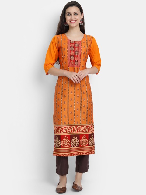

7threads Women Orange Ethnic Motifs Printed Crepe Kurta