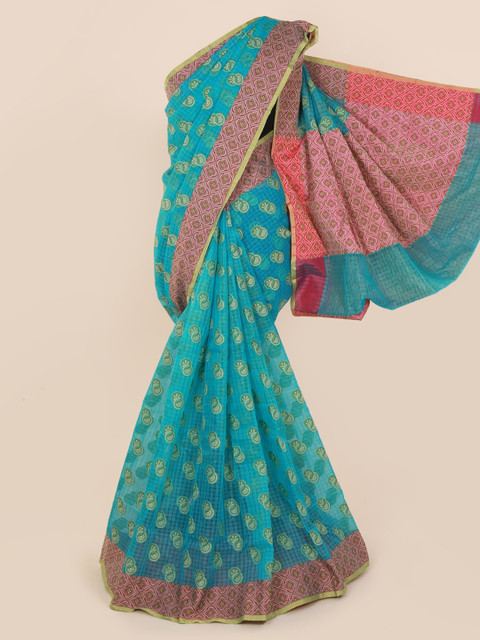 

Pothys Blue & Pink Cotton Blend Printed Saree