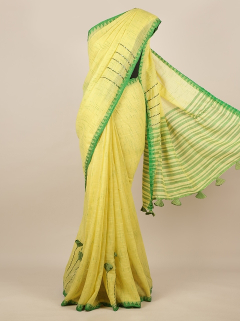 

Pothys Yellow & Green Linen Blend Solid Saree