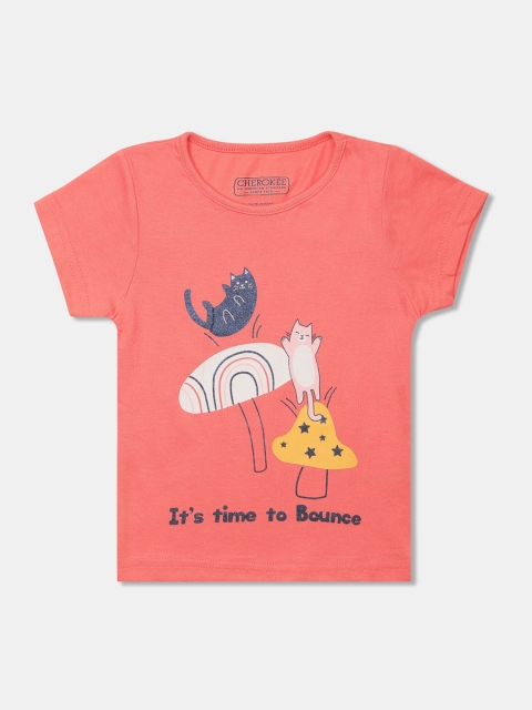 

Cherokee Girls Peach-Coloured Printed Round Neck T-shirt