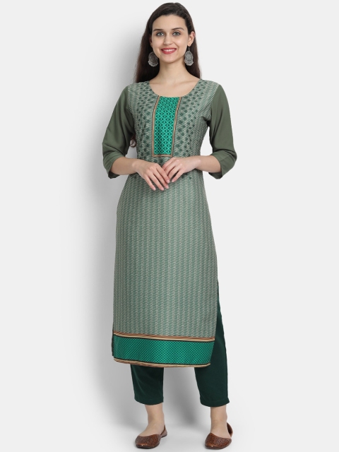 

7Threads Women Green Printed Straight Kurta