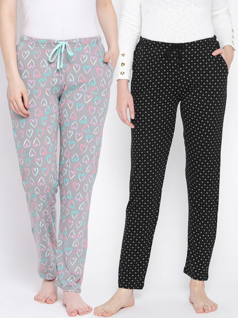 

Kanvin Women Pack of 2 Printed Cotton Lounge Pants, Black