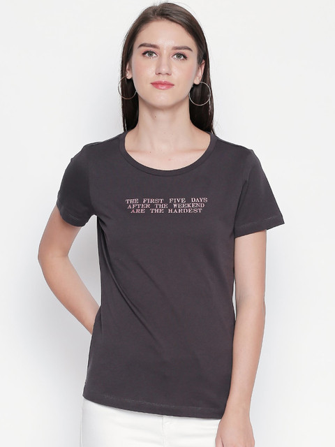 

Honey by Pantaloons Women Charcoal Grey Printed Round Neck Cotton Pure Cotton T-shirt