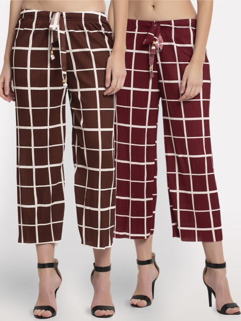 

NEUDIS Women Brown & Maroon Checked Set of 2 Regular Trousers