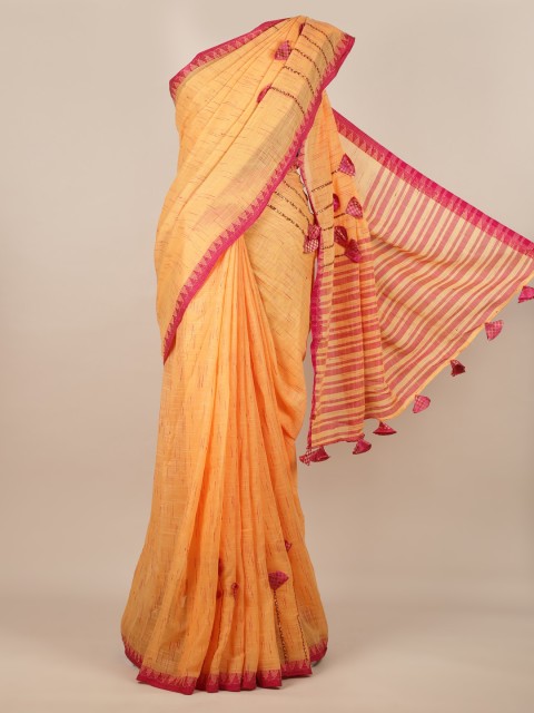

Pothys Orange & Red Linen Blend Colourblocked Saree