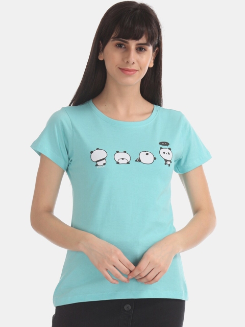 

Sugr Women Blue Solid Round Neck Cotton T-shirt