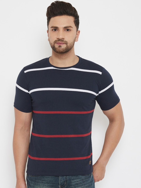 

Austin wood Men Navy Blue Striped Round Neck T-shirt