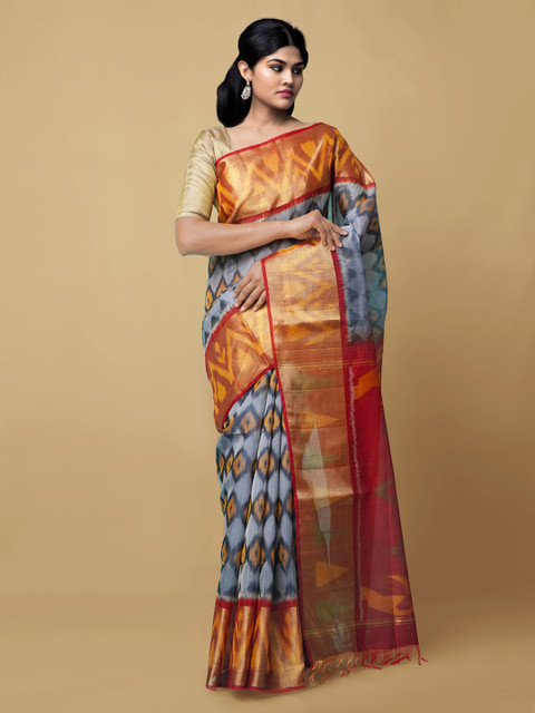 

Unnati Silks Grey & Gold-Toned Pure Cotton Printed Handloom Ikat Saree