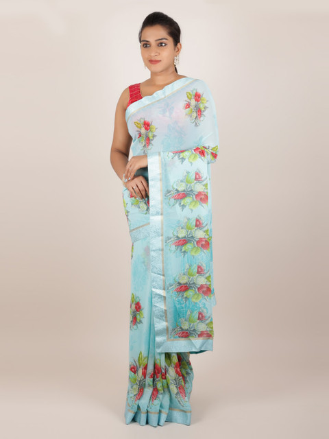 

Pothys Blue Floral Printed Poly Georgette Saree