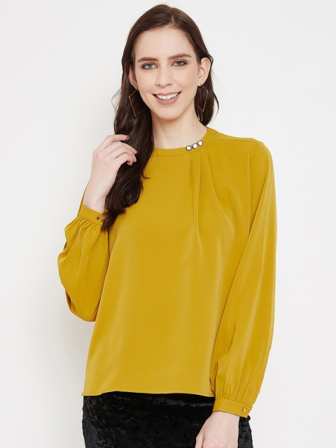

Madame Mustard Yellow Solid Puff Sleeves Regular Top