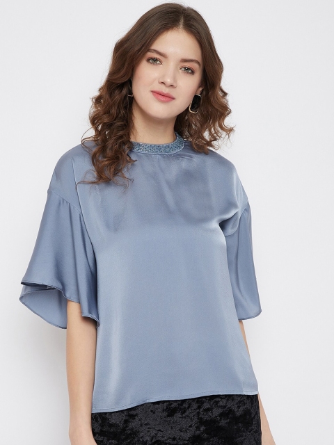 

Madame Blue Flared Sleeves Solid Regular Top