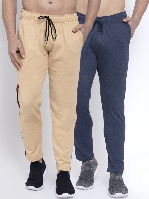 

NEUDIS Men Pack of 2 Beige & Blue Pure Cotton Solid Track Pants