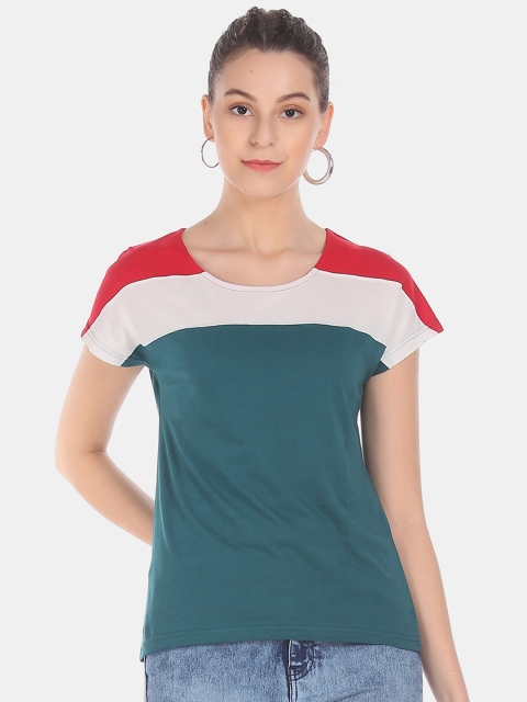 

Sugr Women Teal Green & Red Colorblocked Tshirt