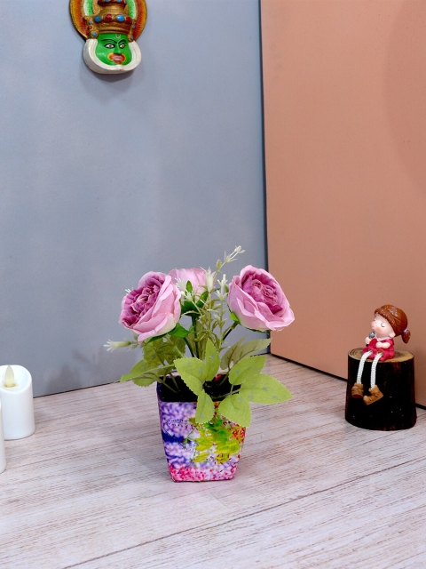 

fancy mart Fuchsia Pink & Green Artificial Rose Flower in Square Texture Pot