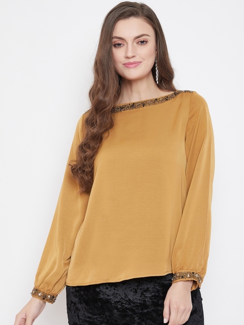 

Madame Women Mustard Brown Jewel Neck Top