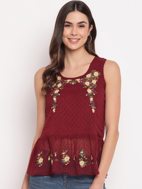 

Mayra Maroon Embroidered Peplum Top