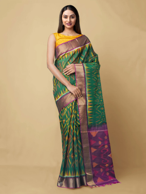 

Unnati Silks Green & Yellow Cotton Silk Printed Handloom Ikat Saree