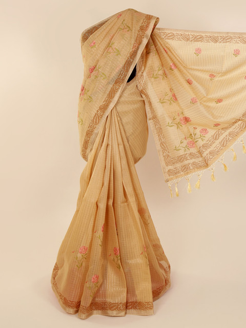 

Pothys Cream-Coloured Cotton Blend Embroidered Chanderi Saree