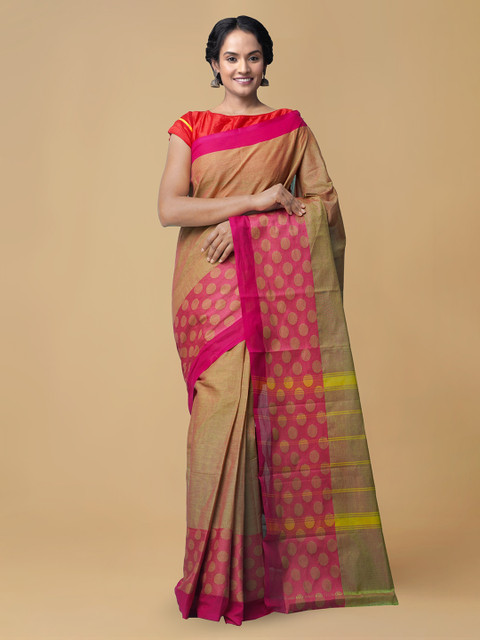 

Unnati Silks Pink & Green Pure Cotton Solid Kanjeevaram Saree