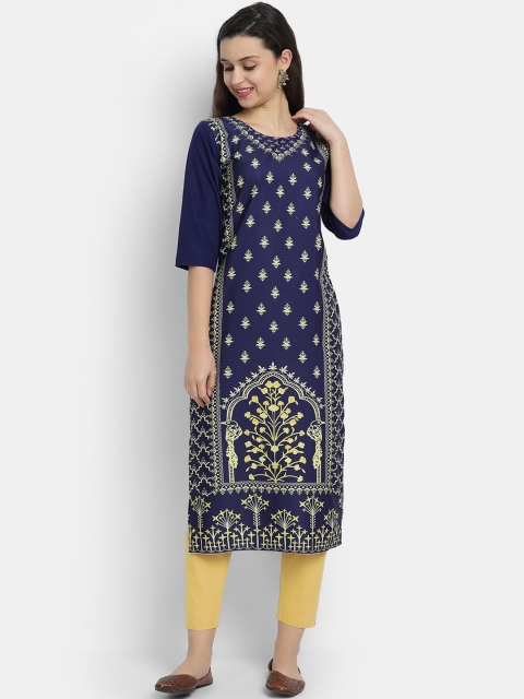 

7threads Women Navy Blue Crepe Digital Print Straight Kurta
