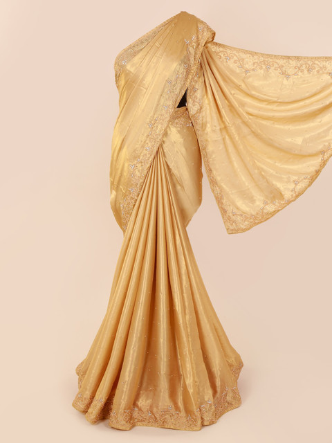 

Pothys Cream-Coloured Embellished Satin Saree With Embellished Border
