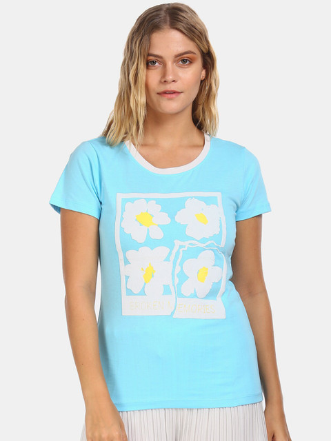 

Sugr Women Blue Printed Round Neck T-shirt