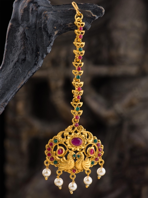 

Alankruthi Gold-Plated Pink & Green Stone Studded & White Beaded Temple Maang Tikka