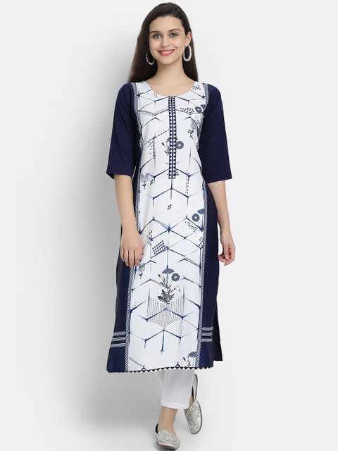 

7threads Women White & Blue Floral Printed Crepe Kurta