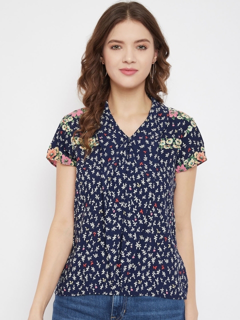 

Madame Women Navy Blue & Off White Floral Printed Peter Pan Collar Styled Back Top
