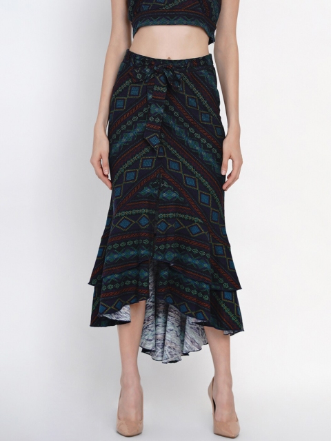 

Texco Women Navy Blue & Green Printed Trumpet Midi Skirt