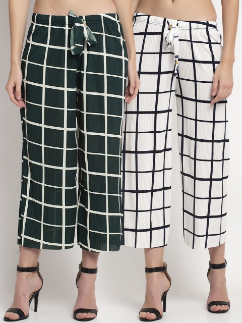 

NEUDIS Women Green & White Checked Set of 2 Regular Trousers