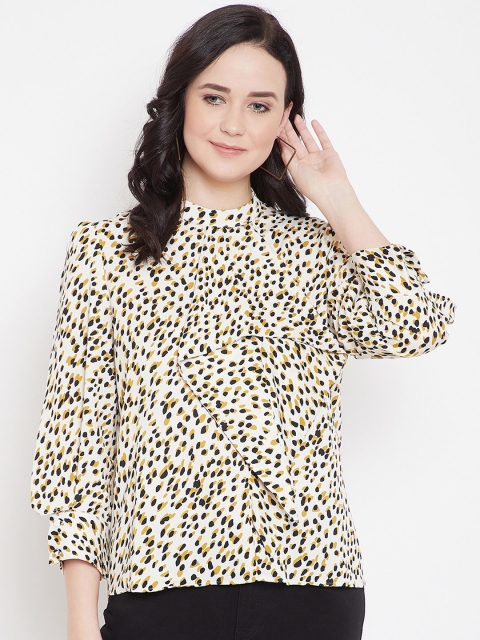 

Madame Off -White & Yellow Printed Puff Sleeves Regular Top
