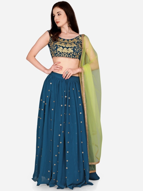 

Mitera Teal Blue & Golden Embroidered Semi Stitched Lehenga & Blouse with Dupatta