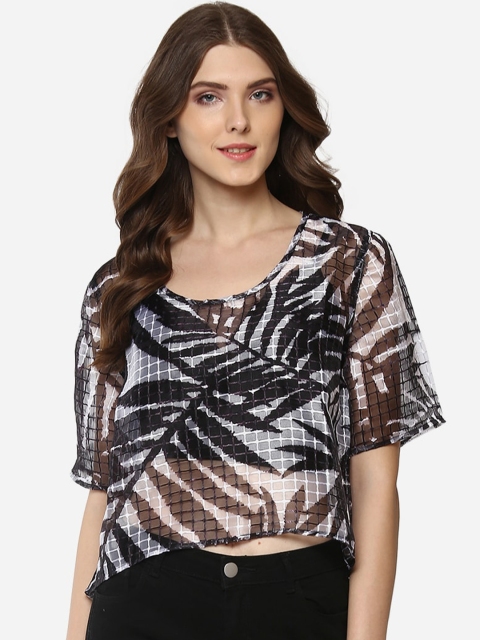 

Porsorte Brown & White Tropical Printed Flared Sleeves High-low Crop Top