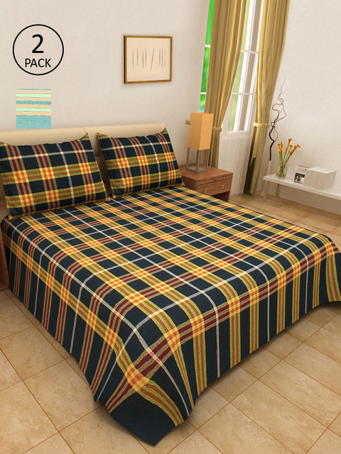 

KLOTTHE Set of 2 Checked Double King Bed Covers With 4 Pillow Covers, Navy blue