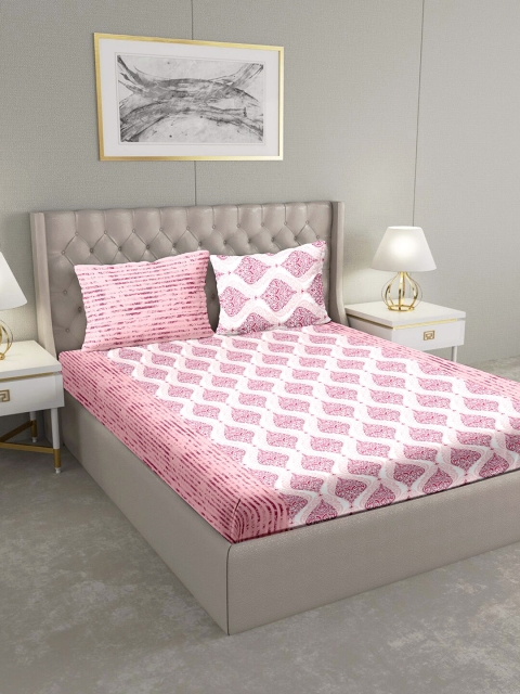 

BELLA CASA White & Pink Ethnic Motifs 124 TC Cotton 1 King Bedsheet with 2 Pillow Covers