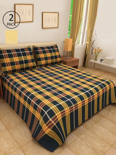 

KLOTTHE Set of 2 Checked Double Bed Covers With 4 Pillow Covers, Yellow