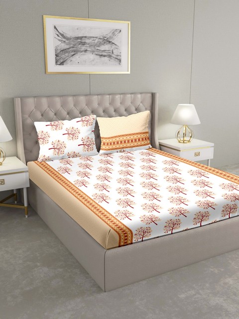 

BELLA CASA Cream-Coloured & Maroon Floral 124 TC Cotton 1 King Bedsheet with 2 Pillow Covers