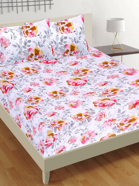 

Tistabene Grey & Pink Floral 180 TC Cotton 1 King Bedsheet with 2 Pillow Covers