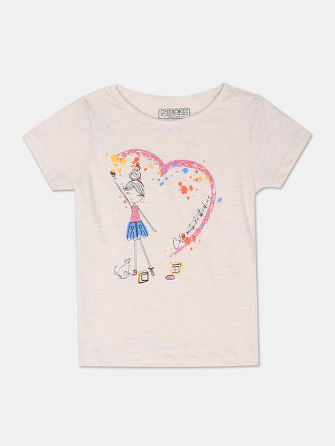 

Cherokee Girls Beige Printed Round Neck T-shirt