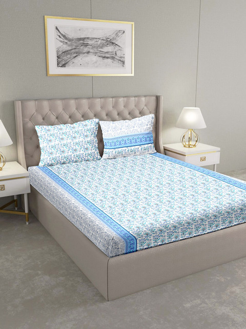 

BELLA CASA White & Blue Ethnic Motifs 124 TC Cotton 1 King Bedsheet with 2 Pillow Covers