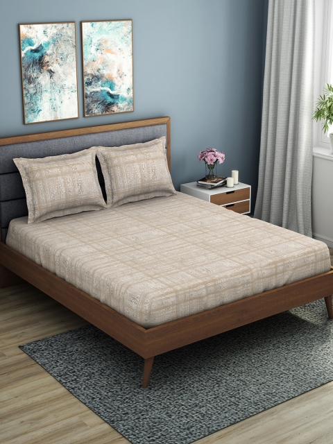 

SPACES Beige & White Ethnic Motifs 144 TC Cotton 1 Queen Bedsheet with 2 Pillow Covers