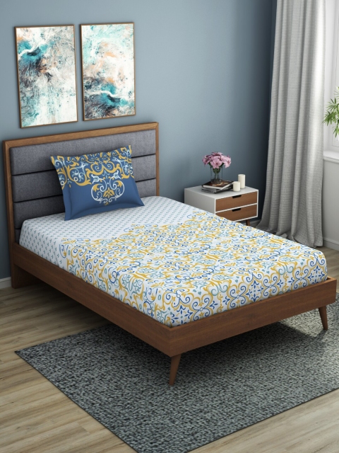 

SPACES White & Navy Blue Ethnic Motifs 144 TC Cotton 1 Single Bedsheet with 1 Pillow Covers