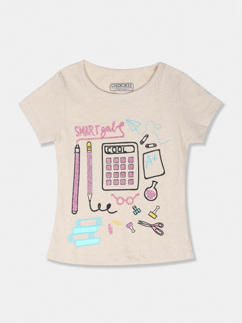 

Cherokee Girls Beige Printed Round Neck T-shirt