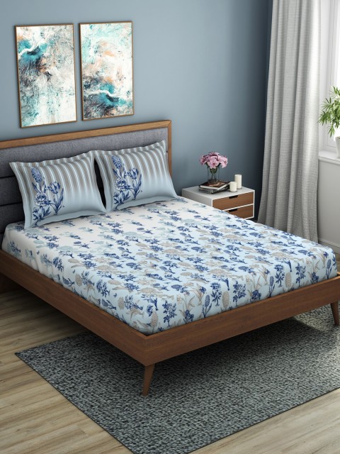 

SPACES Blue & White Floral 210 TC Cotton 1 King Bedsheet with 2 Pillow Covers