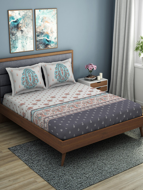 

SPACES White & Grey Ethnic Motifs 144 TC Cotton 1 Queen Bedsheet with 2 Pillow Covers
